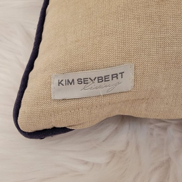 Kim Seybert Sequin Embellished Decorative Cotton Pillow Navy and Linen 13 x 15 - Picture 3 of 4